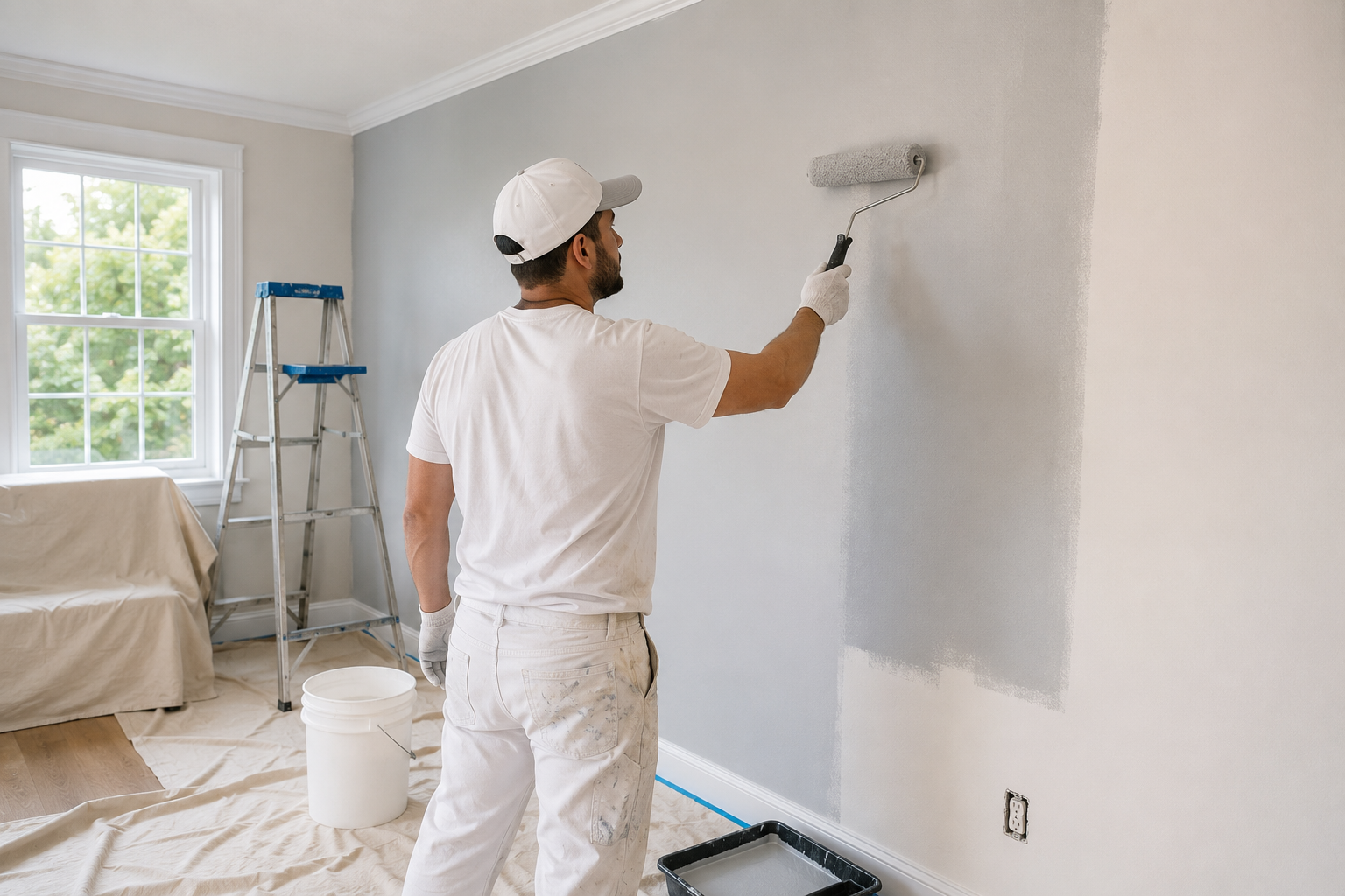 LMK Home Services painter at work in North Raleigh NC